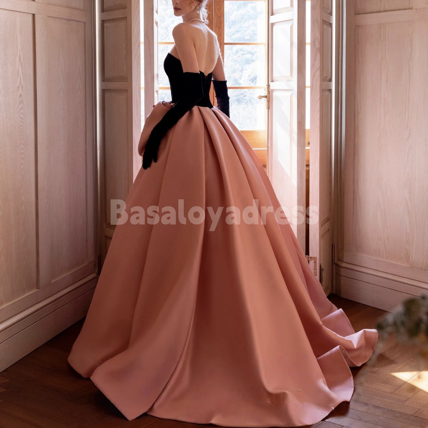 BDES00073 Elegant Pink and Black Bow Princess Ball Gown – Birthday, Engagement, Prom & Vocal Performance Dress with Black Gloves