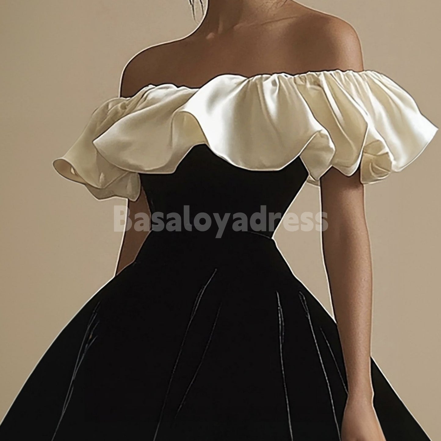 BSD00032 A Line Black Ivory Velvet Ruffle Off the Shoulder Mini Homecoming Dress Off The Shoulder Short Little Black Dress