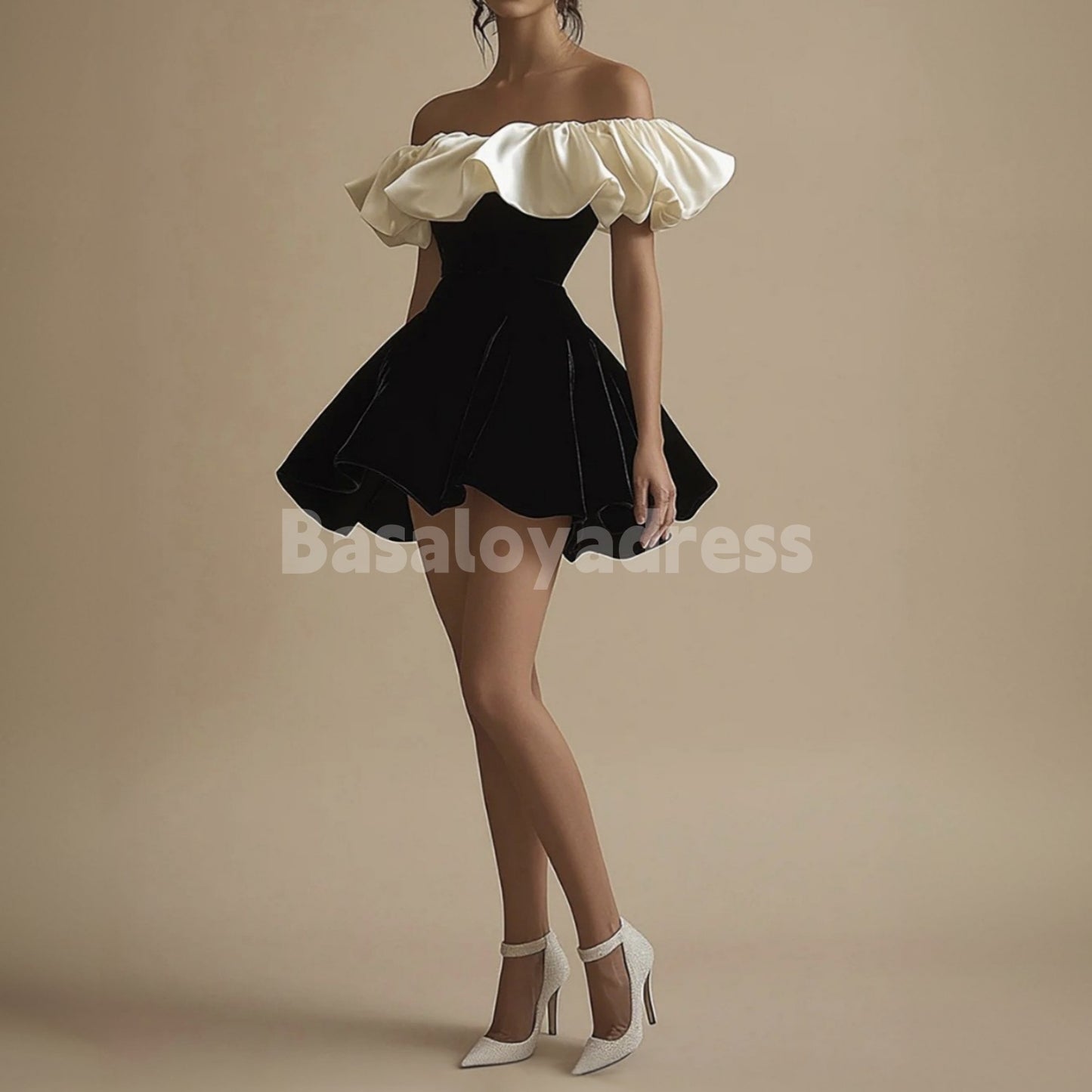 BSD00032 A Line Black Ivory Velvet Ruffle Off the Shoulder Mini Homecoming Dress Off The Shoulder Short Little Black Dress