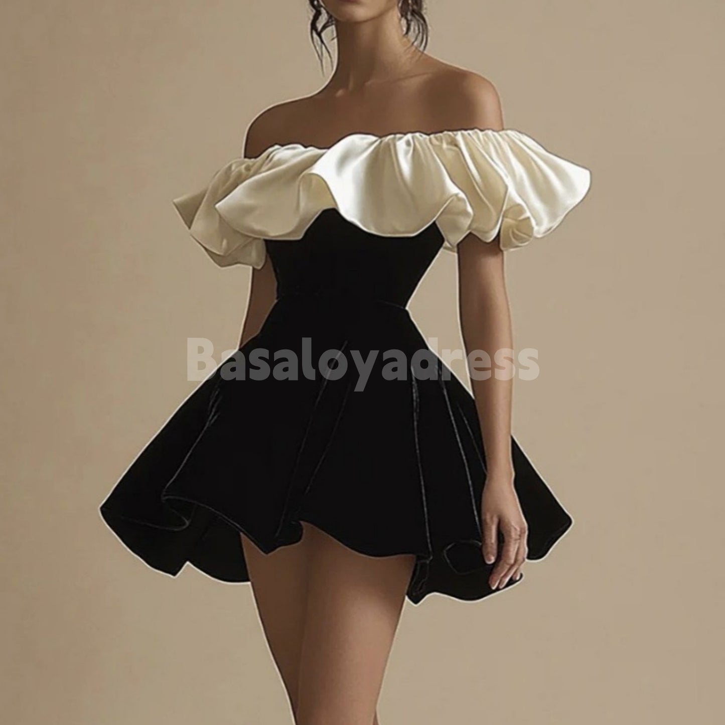 BSD00032 A Line Black Ivory Velvet Ruffle Off the Shoulder Mini Homecoming Dress Off The Shoulder Short Little Black Dress