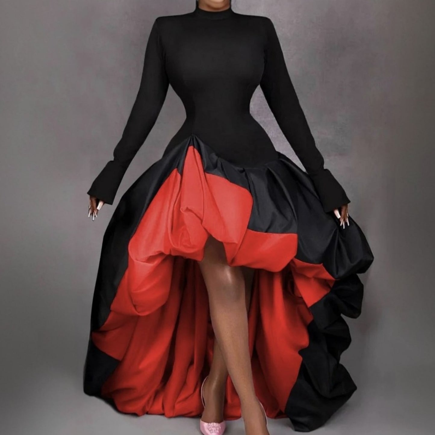 BSD00033 2025 New Hot Plus Size Cocktail Party Black Mock Neck Long Sleeve High Low Hem Contrast Satin Mini Dresses