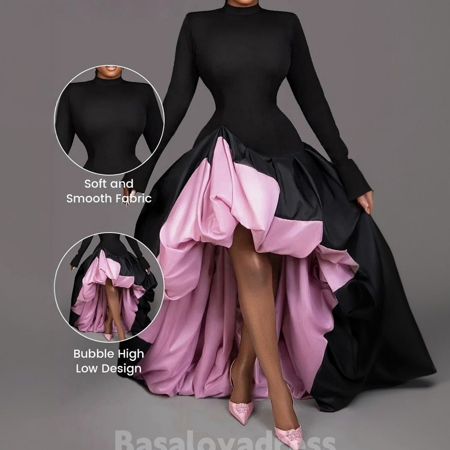 BSD00033 2025 New Hot Plus Size Cocktail Party Black Mock Neck Long Sleeve High Low Hem Contrast Satin Mini Dresses