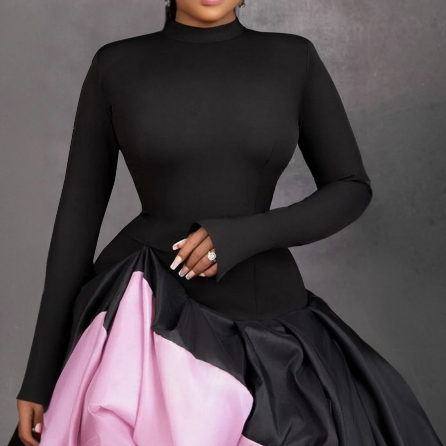 BSD00033 2025 New Hot Plus Size Cocktail Party Black Mock Neck Long Sleeve High Low Hem Contrast Satin Mini Dresses