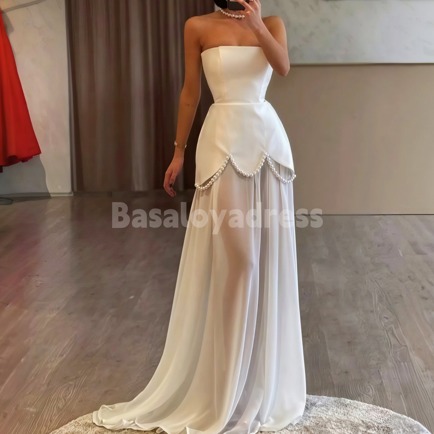 BDES00074 Elegant Chiffon Evening Dress Pearls Strapless A Line Formal Occasion Dresses Women Long Slim Prom Gowns with Cape