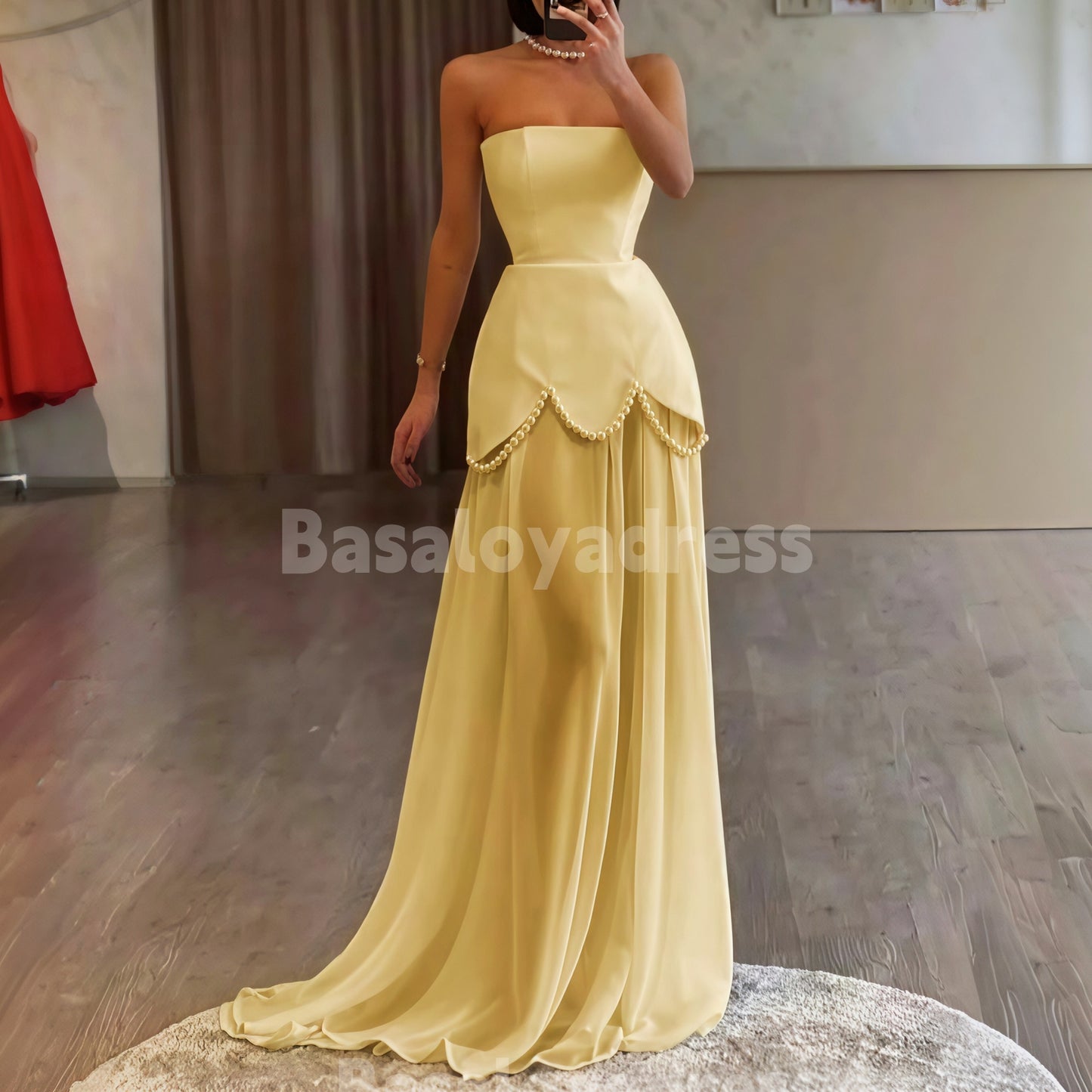 BDES00074 Elegant Chiffon Evening Dress Pearls Strapless A Line Formal Occasion Dresses Women Long Slim Prom Gowns with Cape