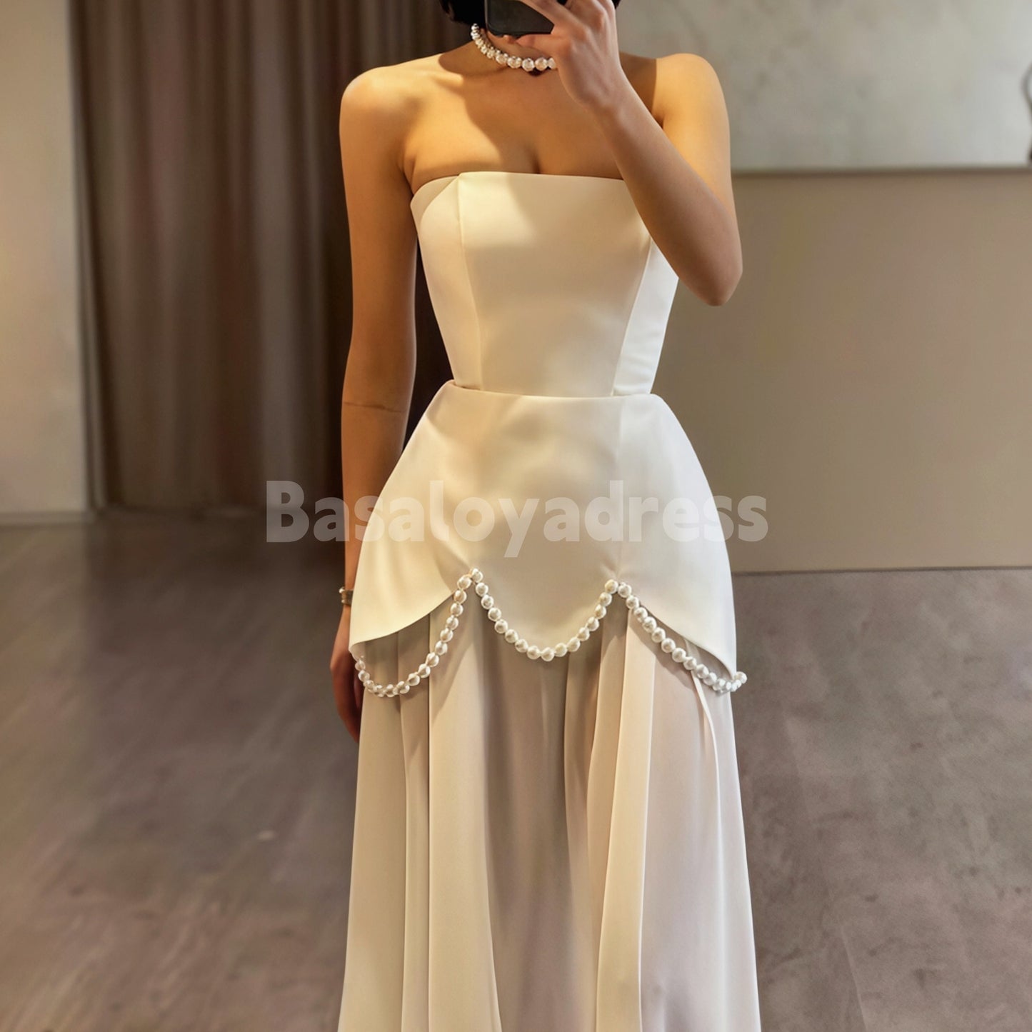BDES00074 Elegant Chiffon Evening Dress Pearls Strapless A Line Formal Occasion Dresses Women Long Slim Prom Gowns with Cape