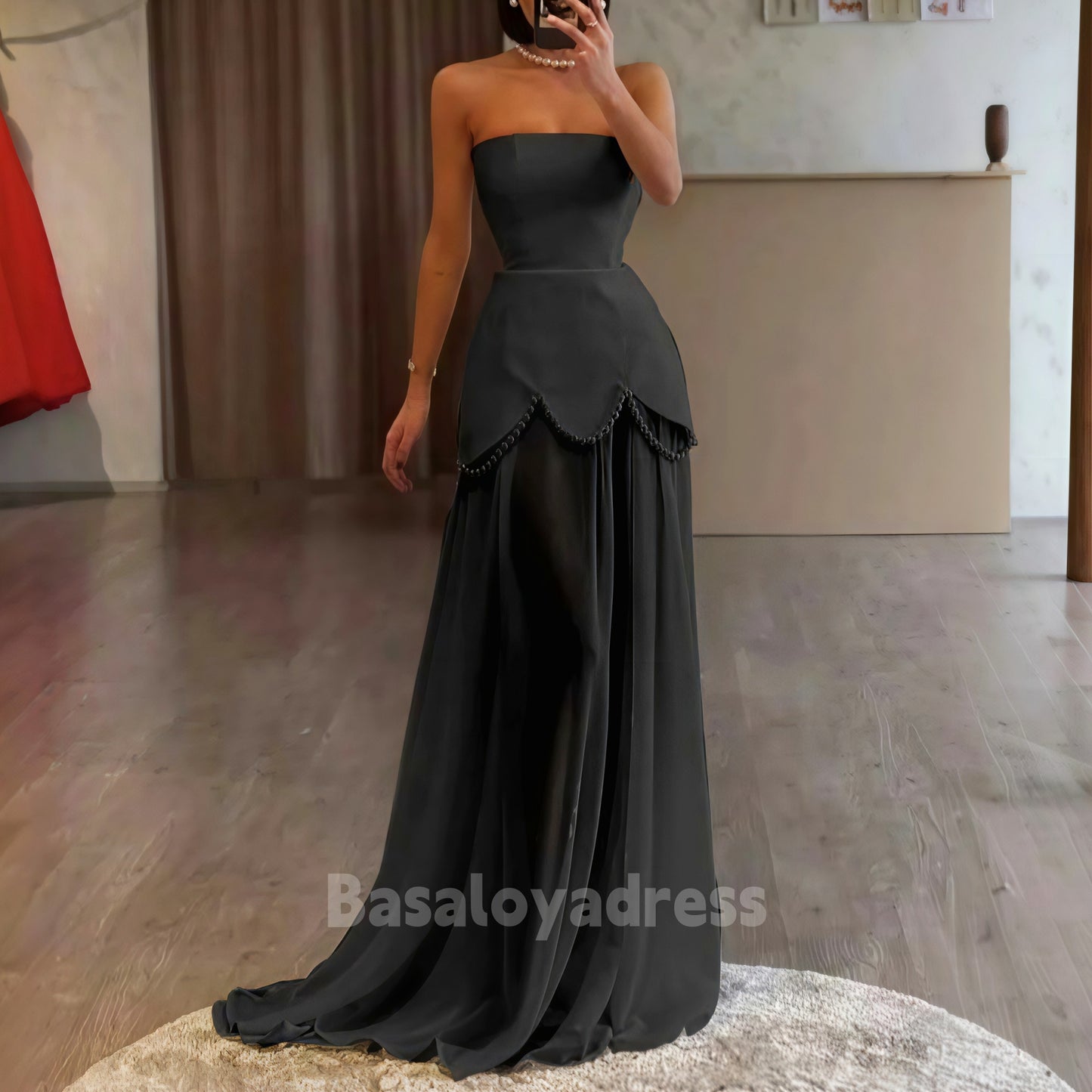 BDES00074 Elegant Chiffon Evening Dress Pearls Strapless A Line Formal Occasion Dresses Women Long Slim Prom Gowns with Cape