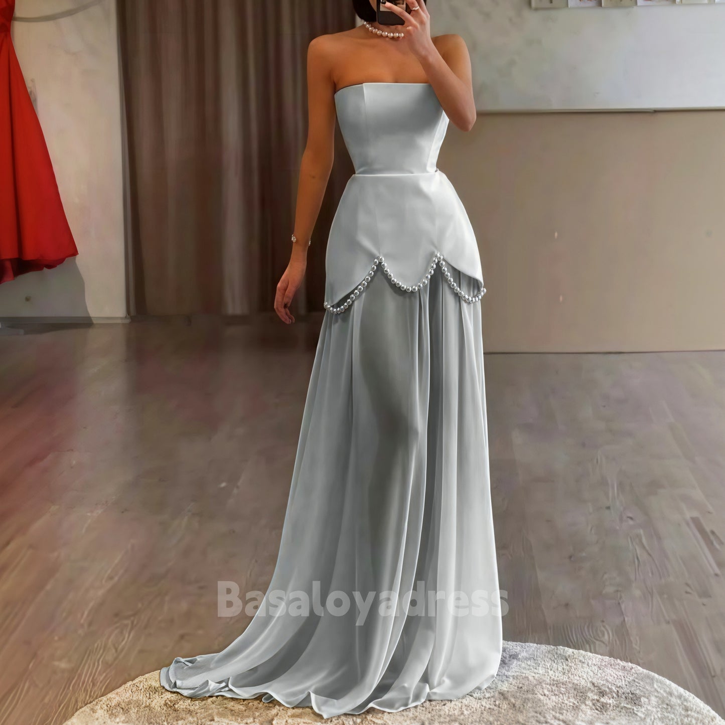 BDES00074 Elegant Chiffon Evening Dress Pearls Strapless A Line Formal Occasion Dresses Women Long Slim Prom Gowns with Cape