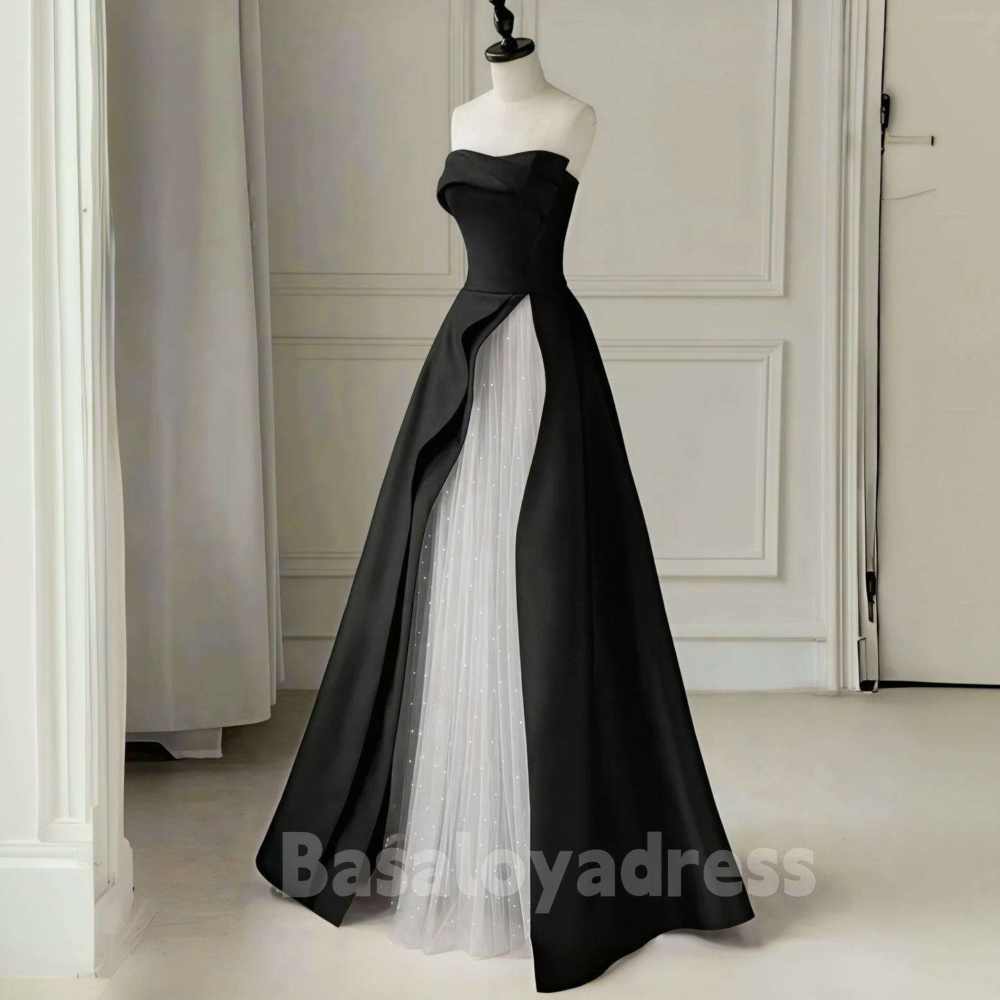 BDES00075 A-Line Tulle Satin Black and White Long Prom Dress Formal Evening Dresses