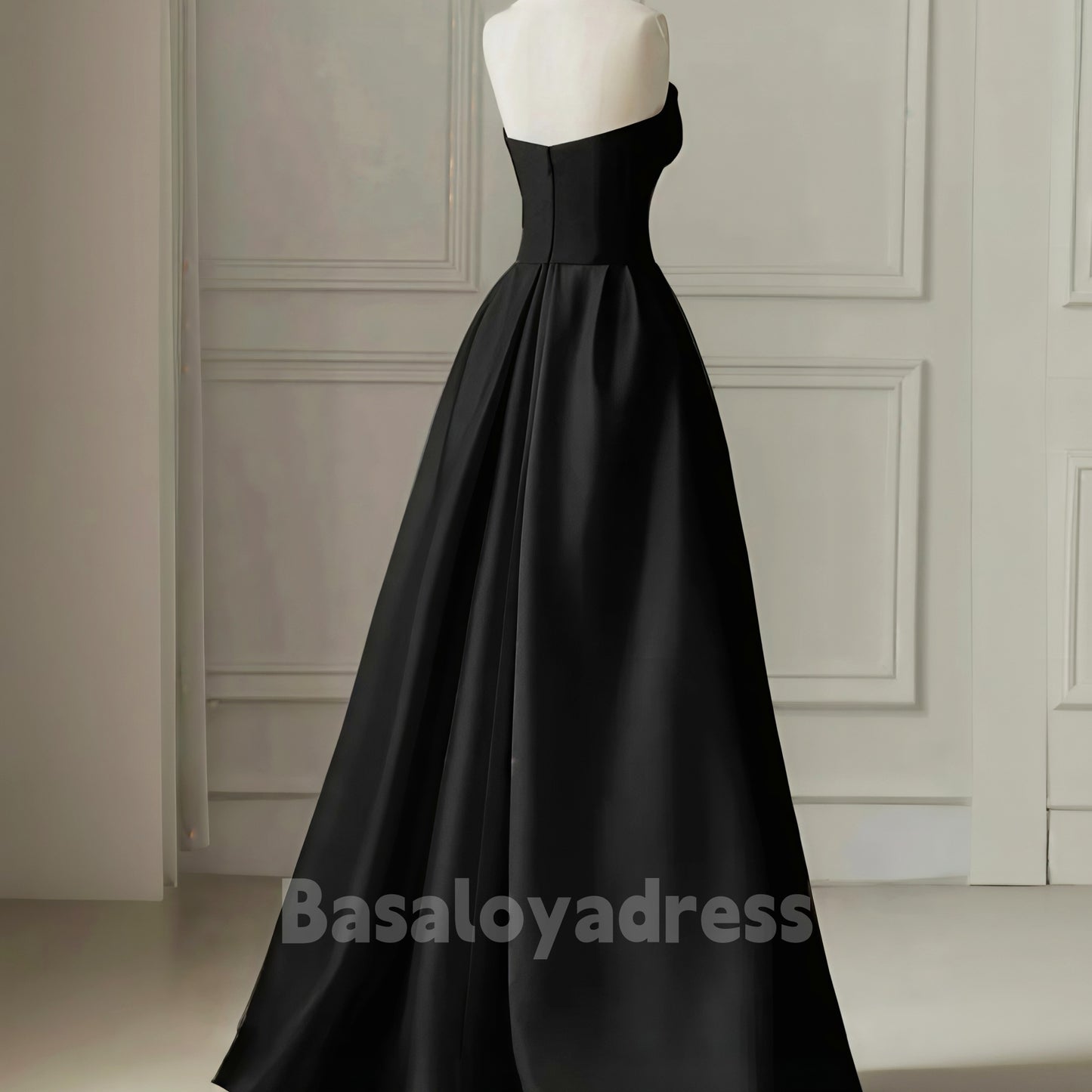 BDES00075 A-Line Tulle Satin Black and White Long Prom Dress Formal Evening Dresses