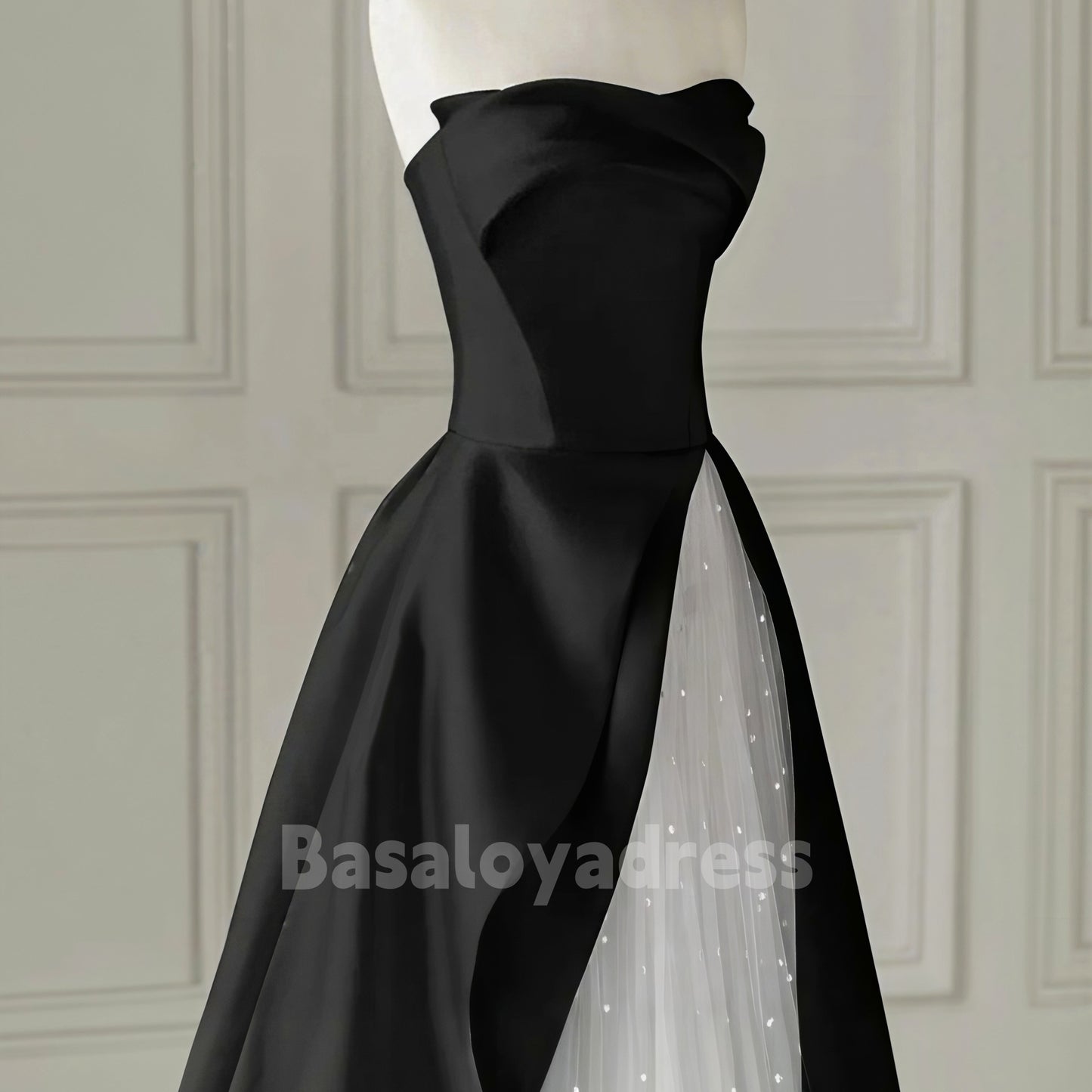 BDES00075 A-Line Tulle Satin Black and White Long Prom Dress Formal Evening Dresses