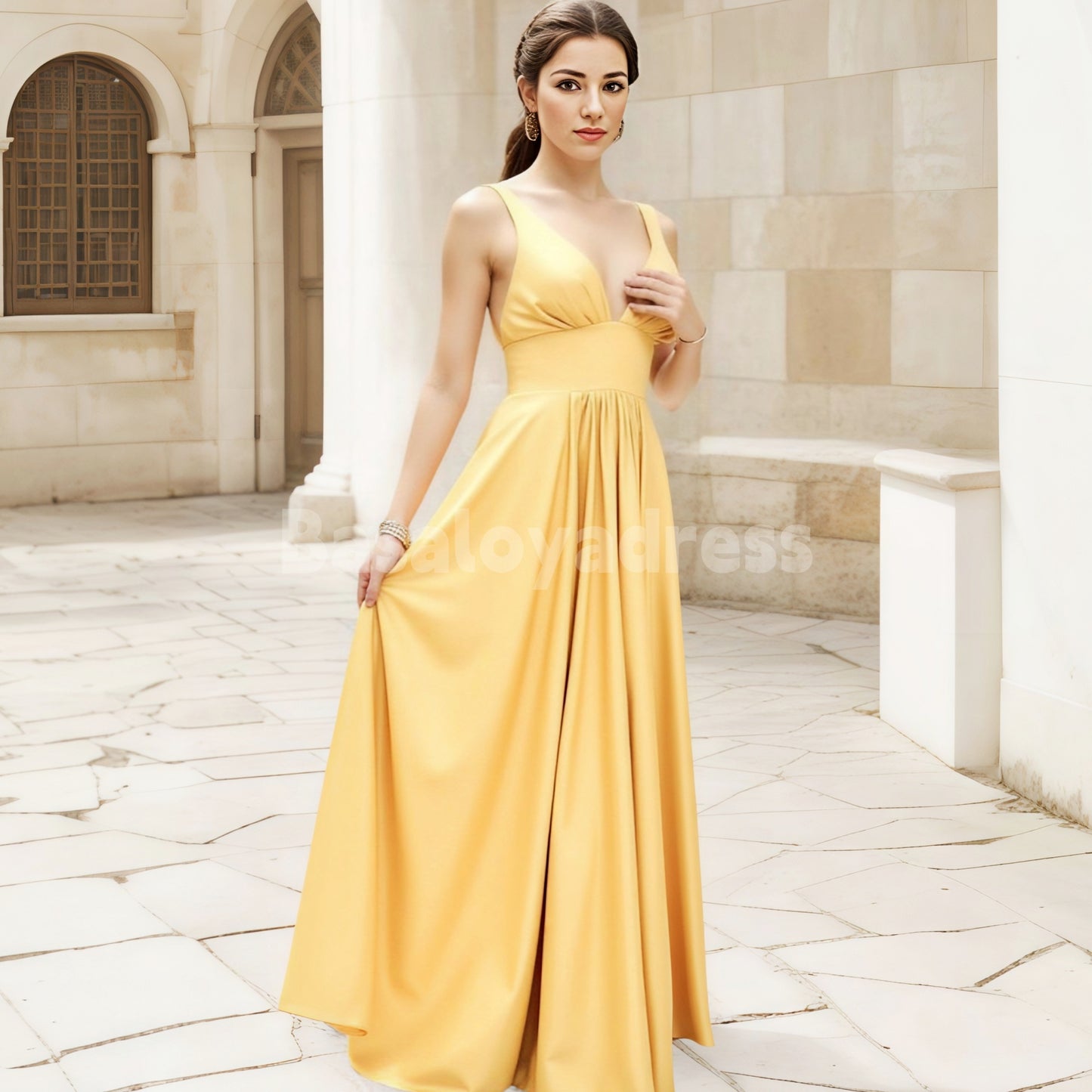 BDES00065 A-line V Neck waist tightening Sleeveless Charmeuse Floor-Length Bridesmaid Dress with Split