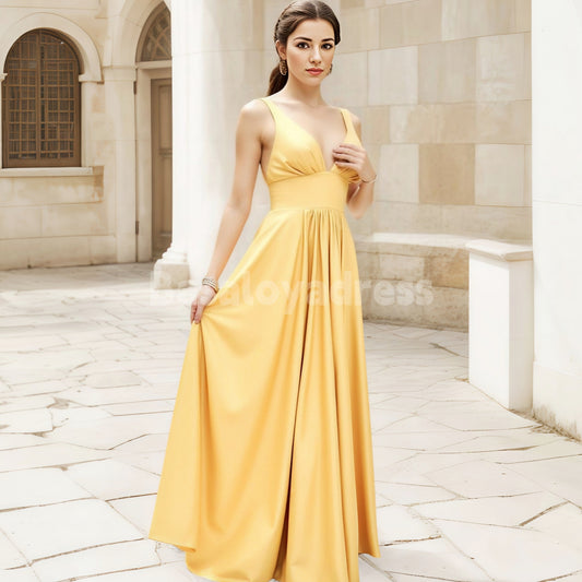 BDES00065 A-line V Neck waist tightening Sleeveless Charmeuse Floor-Length Bridesmaid Dress with Split