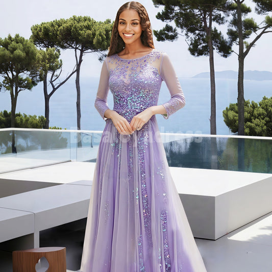BDES00022 Lilac Evening Dresses Lace Appliques 3/4 Sleves Prom Gowns Graduation Dress Wedding Guest Dress