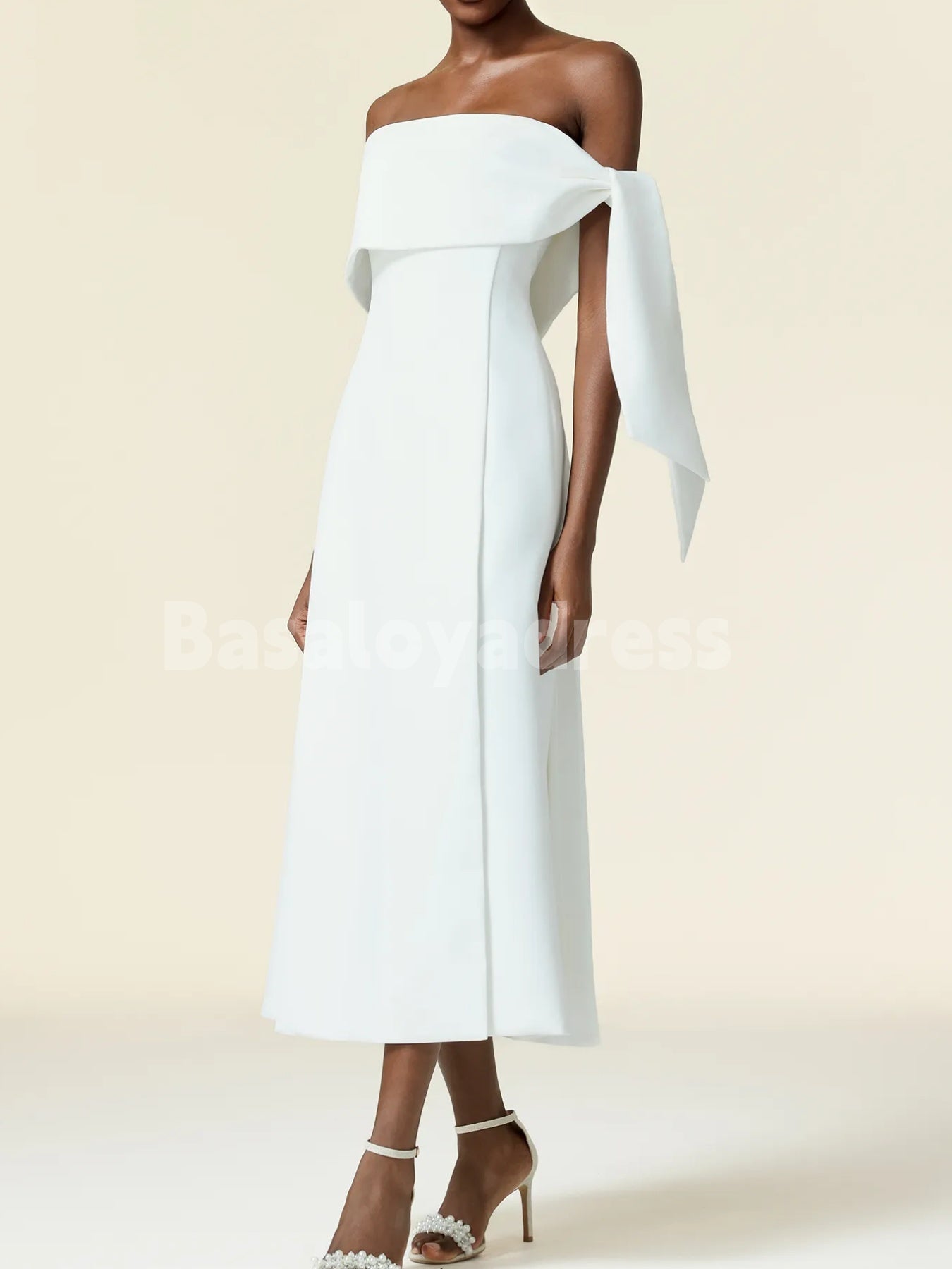 BDES00076 White Designed A-line Off-The-Shoulder Sleeveless Asymmetric Satin Maxi Dress