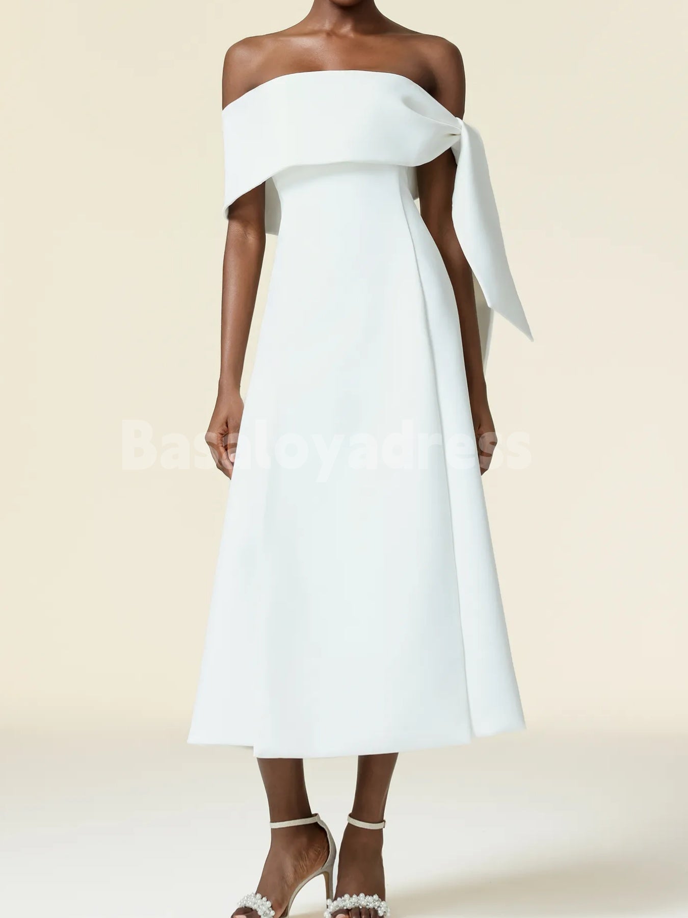 BDES00076 White Designed A-line Off-The-Shoulder Sleeveless Asymmetric Satin Maxi Dress
