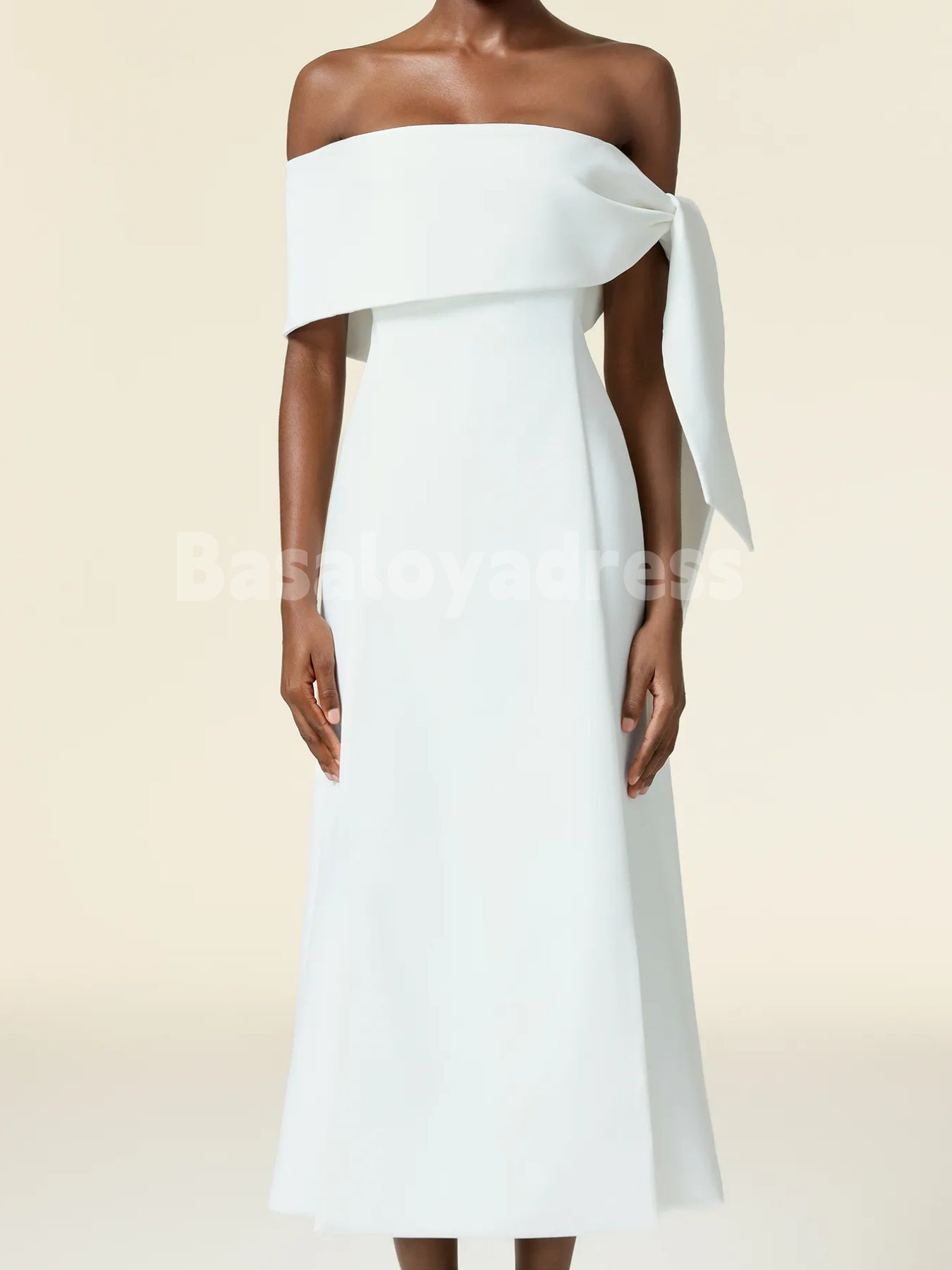 BDES00076 White Designed A-line Off-The-Shoulder Sleeveless Asymmetric Satin Maxi Dress