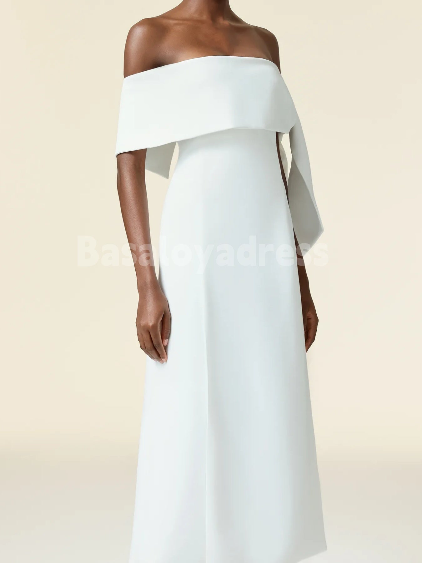 BDES00076 White Designed A-line Off-The-Shoulder Sleeveless Asymmetric Satin Maxi Dress