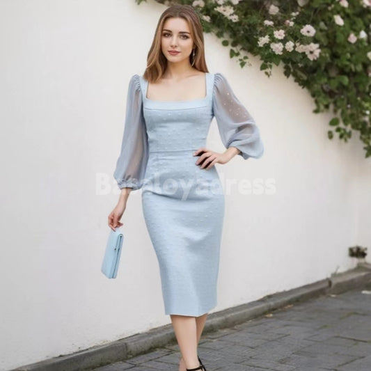 BDES00014 Sky Blue Square Neck Casual Semi-Formal Puff Sleeve Midi Dress with Pearls