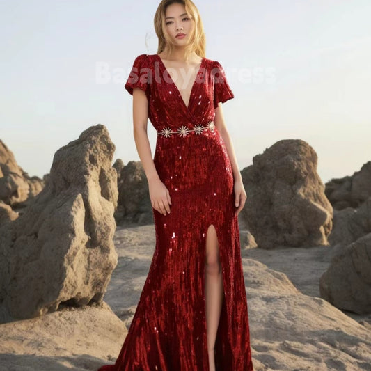BDES00013 Holiday Party Red Mermaid Short Sleeves Bridesmaid Dresses V-Neck Sequins Maxi Prom Dress with Slit