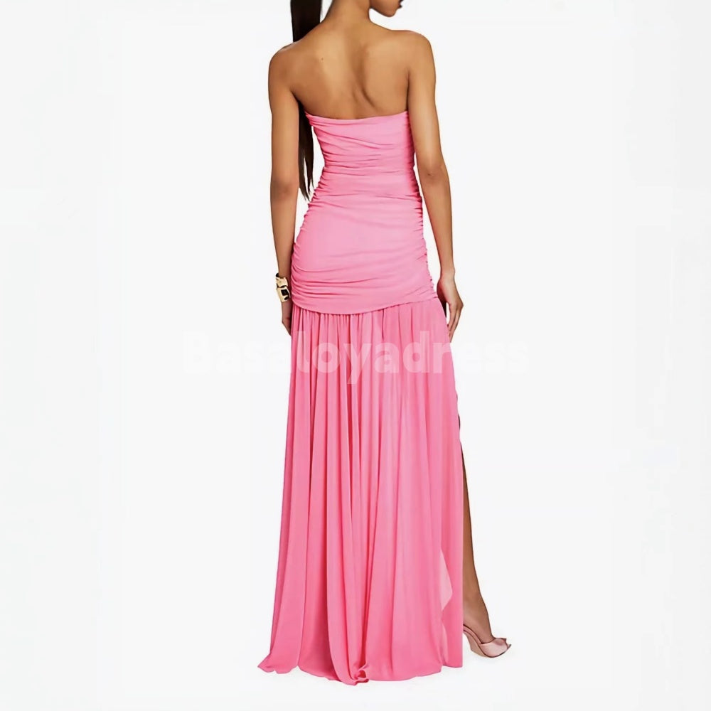 BDES00016 Candy Color Adele Off-Shoulder Sleeveless Split Leg Vertical Pleated Prom Dress