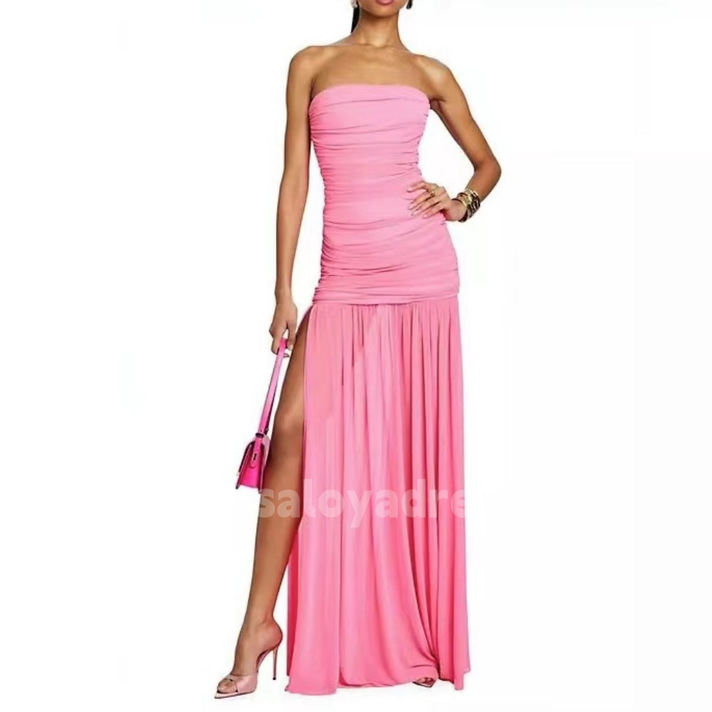 BDES00016 Candy Color Adele Off-Shoulder Sleeveless Split Leg Vertical Pleated Prom Dress