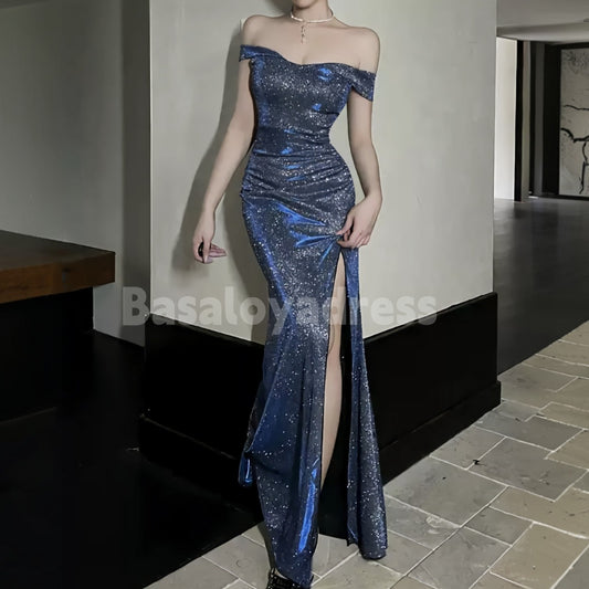 BDES00017 Blue Fitted Sequins Prom Long Formal Dresses Off Shoulder High Slit Evening Party Gown