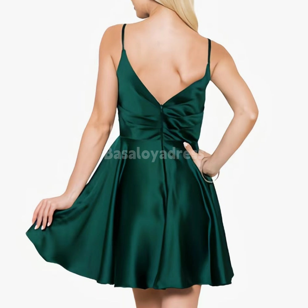 BSD00012 Green and Off-White Spaghetti Strap Satin Homecoming Dress Short V Neck Ruffled Prom Dress for Teens