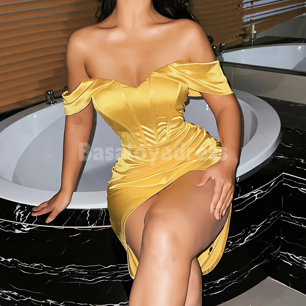 BSD00013 Summer Women's Exquisite Satin Yellow Sweetheart Neck Off-the-shoulder Dress with High Slit