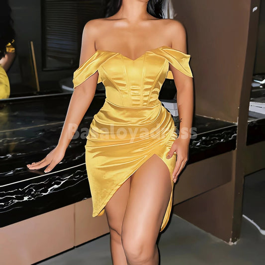BSD00013 Summer Women's Exquisite Satin Yellow Sweetheart Neck Off-the-shoulder Dress with High Slit
