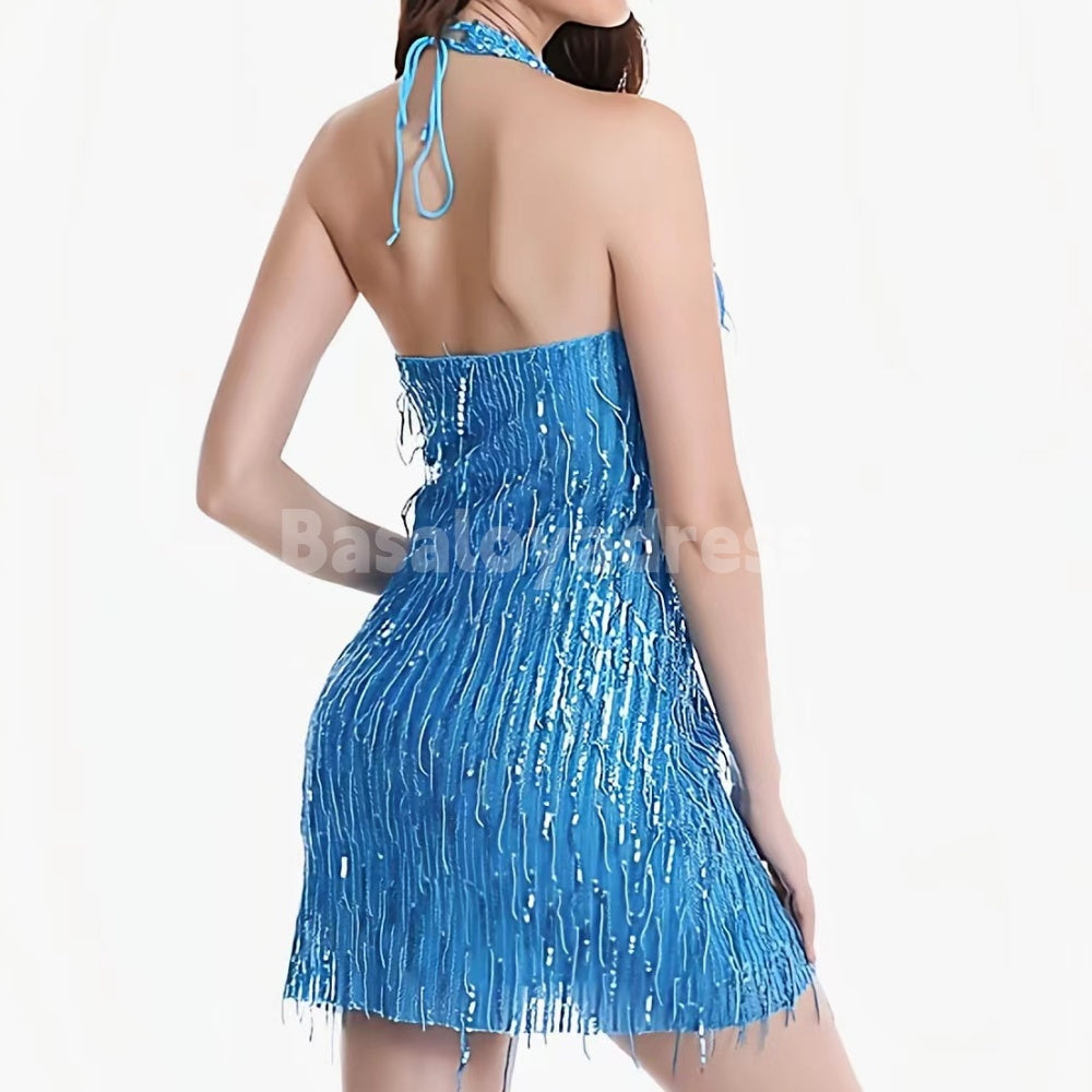 BSD00015 New Women's Sky Blue Sequin Fringe Sleeveless Mini Dress Homecoming Dress for Party Club