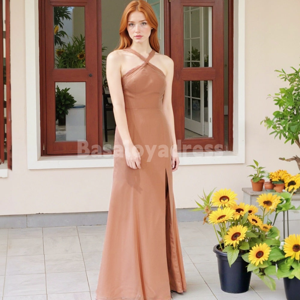 BDES00007 English Rose A-Line Halter Pleated Stretch Satin Bridesmaid Dress High Slit Chiffon Prom Dress