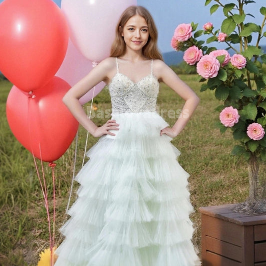 BDES00009 New 2025 Princess Tulle Green Long Prom Dresses With Beading Flower Cascading Ruffles