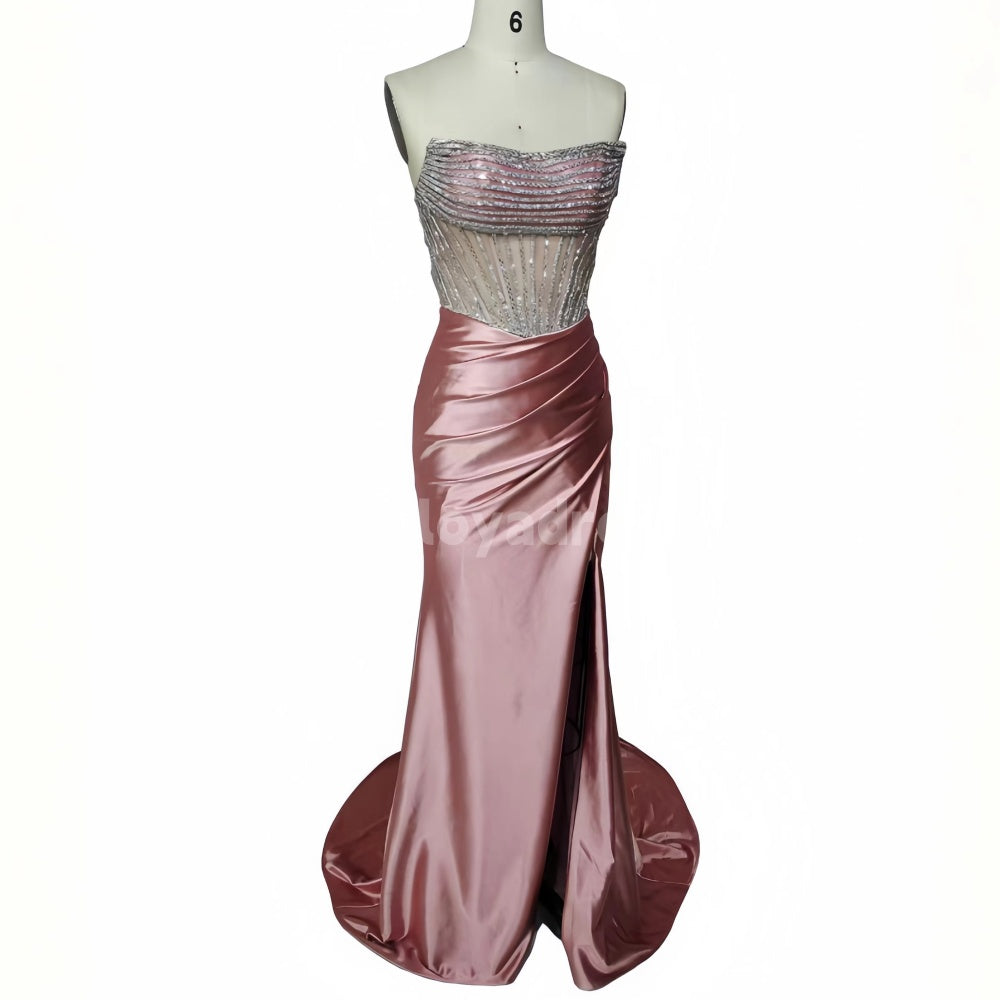 BDES00018 Gorgeous Off the Shoulder Satin Prom Dress with high slit crystal embellished party dress