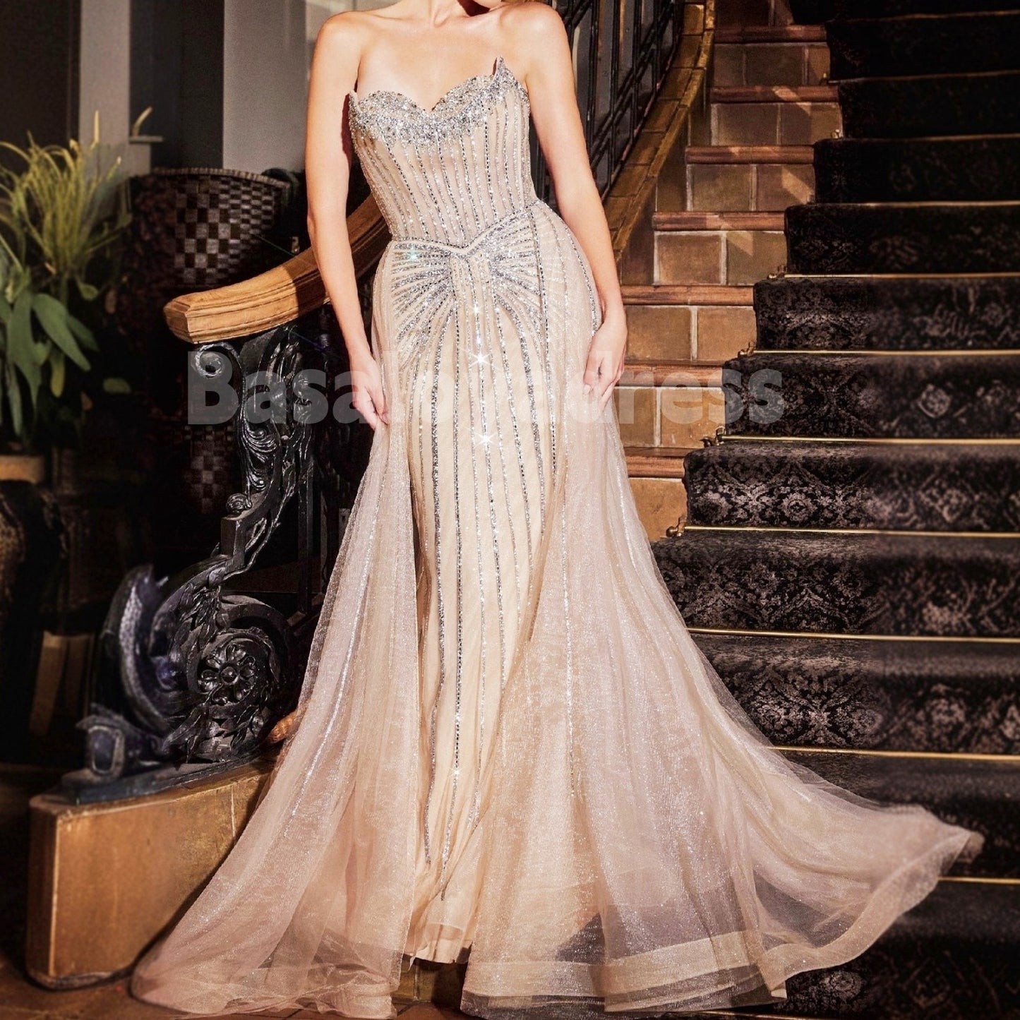 BDES00021 Heavy beaded Strapless Crystal Embellished Gown Prom & Evening Dress with Overskirt