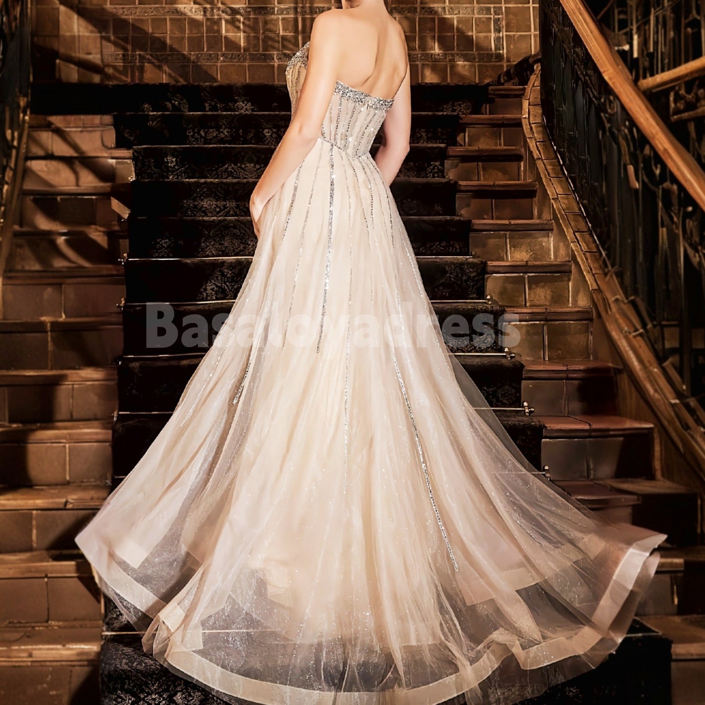 BDES00021 Heavy beaded Strapless Crystal Embellished Gown Prom & Evening Dress with Overskirt