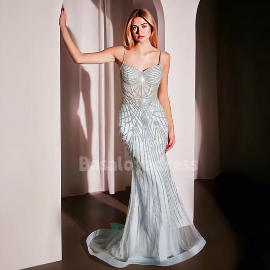 BDES00019 Custom made Sweetheart Neck Fitted Sheer Corset Long Bead Crystal Prom Dress Plus Size Dress