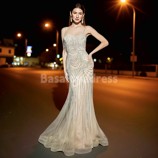 BDES00020 Shiny Fitted Crystal Fringe Embellished Tulle Overlay Nude Lining Prom and Evening Gown