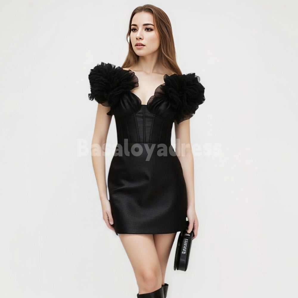 BSD00018 Summer Black Ruffle sleeves Tight Short Dress Cocktail Homecoming Dress