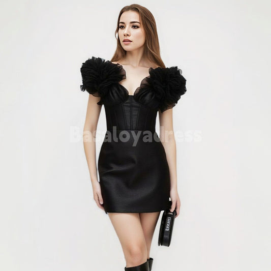 BSD00018 Summer Black Ruffle sleeves Tight Short Dress Cocktail Homecoming Dress