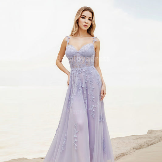 BDES00024 Light Blue/Light Purple Prom Dresses Lace Applique Evening Dresses Affordable Prom Dress