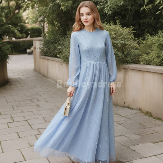 BDES00030 Muslim Formal Sequin Long Sleeve Arabic Evening Dress Elegant A-line Ball Gown Party Dress