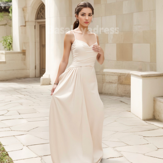 BDES00032 Smooth Draped Satin Spaghetti Strap Gown Backless Prom Dress