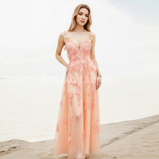 BDES00038 Sparkly A Line V Neck Sequin Lace Applique Prom Dress Long Tulle Bridesmaid Dress with 3D Flowers