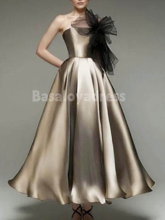 BDES00078 A-Line Elegant Formal Gown Tea Length Midi Length Strapless Cocktail Dress with Organza Shouder Flower and Pockets