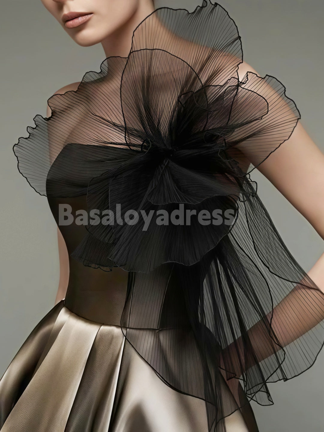 BDES00078 A-Line Elegant Formal Gown Tea Length Midi Length Strapless Cocktail Dress with Organza Shouder Flower and Pockets