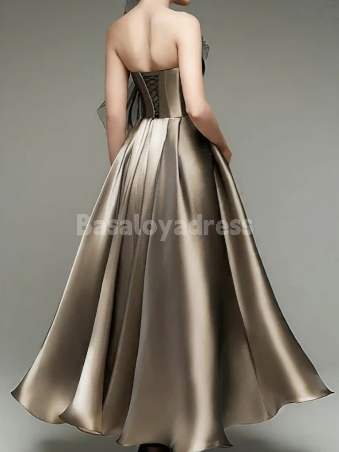 BDES00078 A-Line Elegant Formal Gown Tea Length Midi Length Strapless Cocktail Dress with Organza Shouder Flower and Pockets