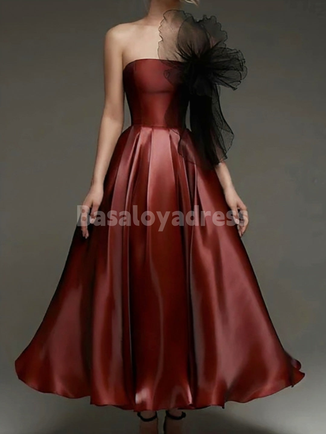 BDES00078 A-Line Elegant Formal Gown Tea Length Midi Length Strapless Cocktail Dress with Organza Shouder Flower and Pockets
