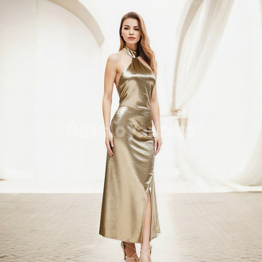 BDES00085 Sexy Halterneck Metallic Textured Solid Satin Dress with Open Back