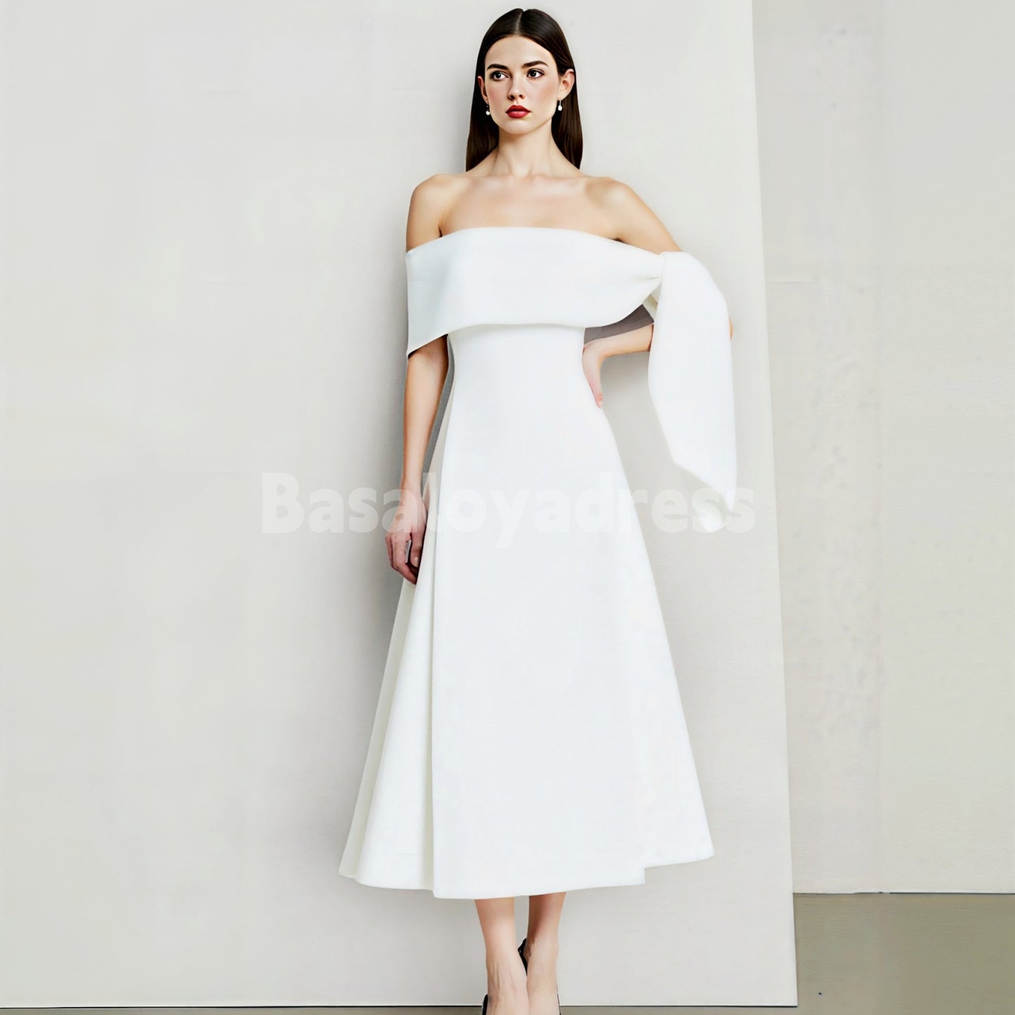 BDES00076 White Designed A-line Off-The-Shoulder Sleeveless Asymmetric Satin Maxi Dress